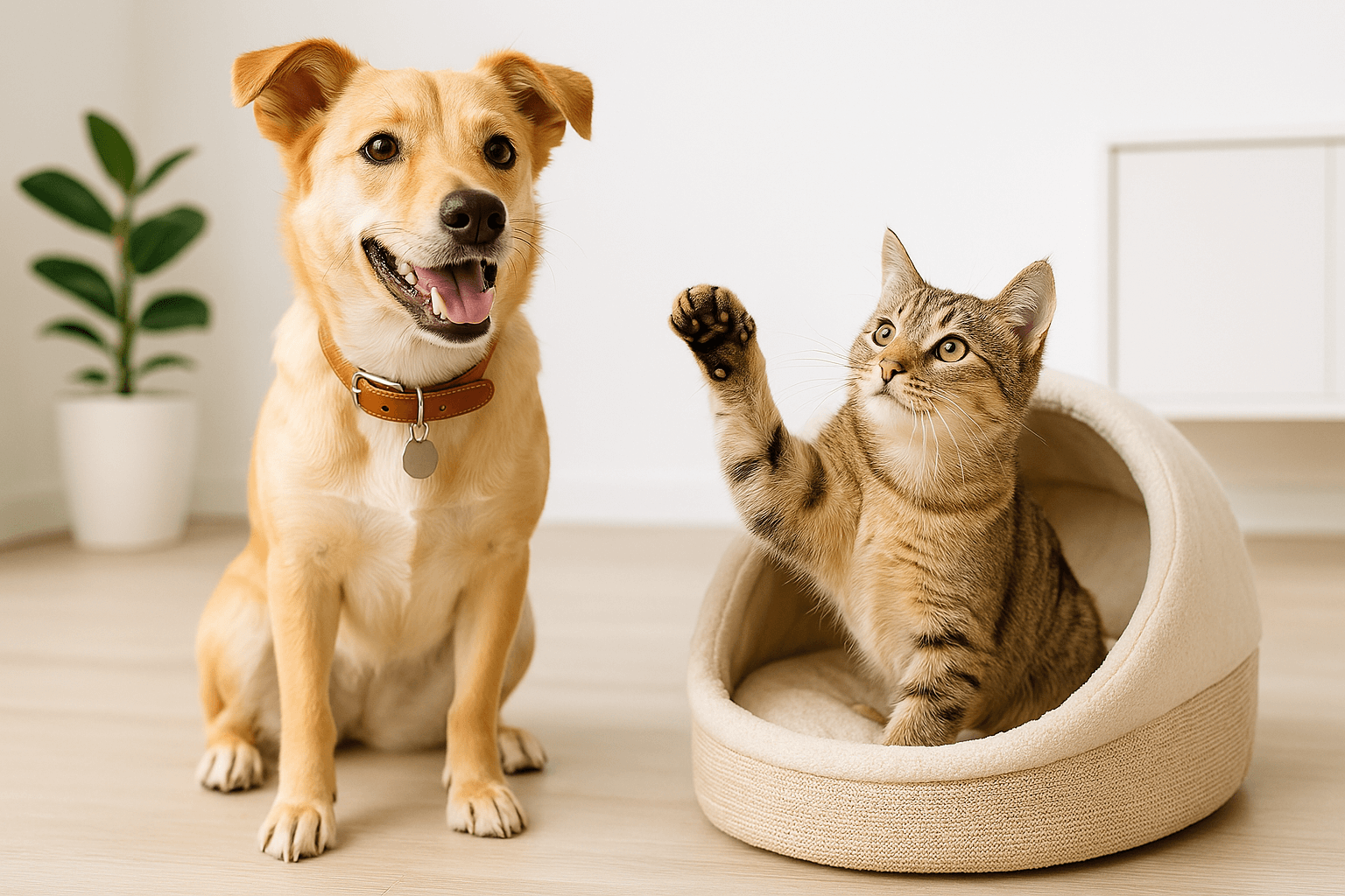 Perro y gato juntos en cama para mascotas, mostrando productos de Estilooh para perros y gatos con estilo.
